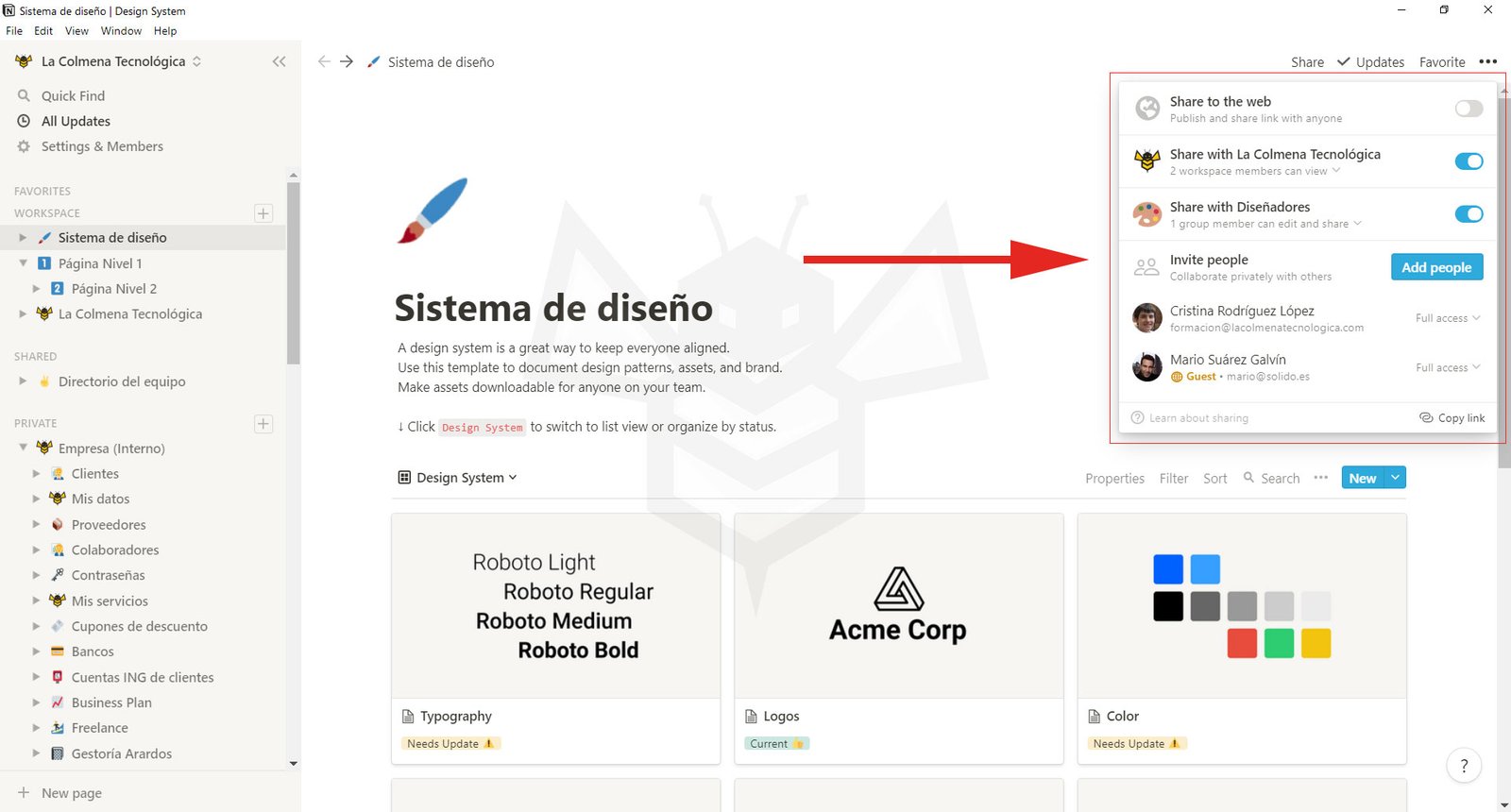 Menu compartir de Notion