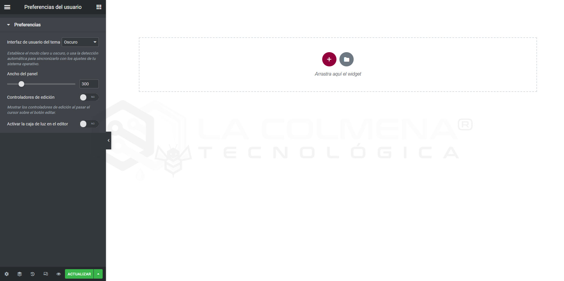 Captura de pantalla de la configuración de preferencias de usuario en Elementor. La imagen muestra el panel lateral de opciones donde se puede elegir el tema de la interfaz de usuario, ajustar el ancho del panel, activar los controladores de edición y habilitar la caja de luz en el editor. La configuración actual está en modo oscuro con opciones para personalizar la experiencia del usuario en la creación de sitios web en WordPress utilizando el plugin Elementor.