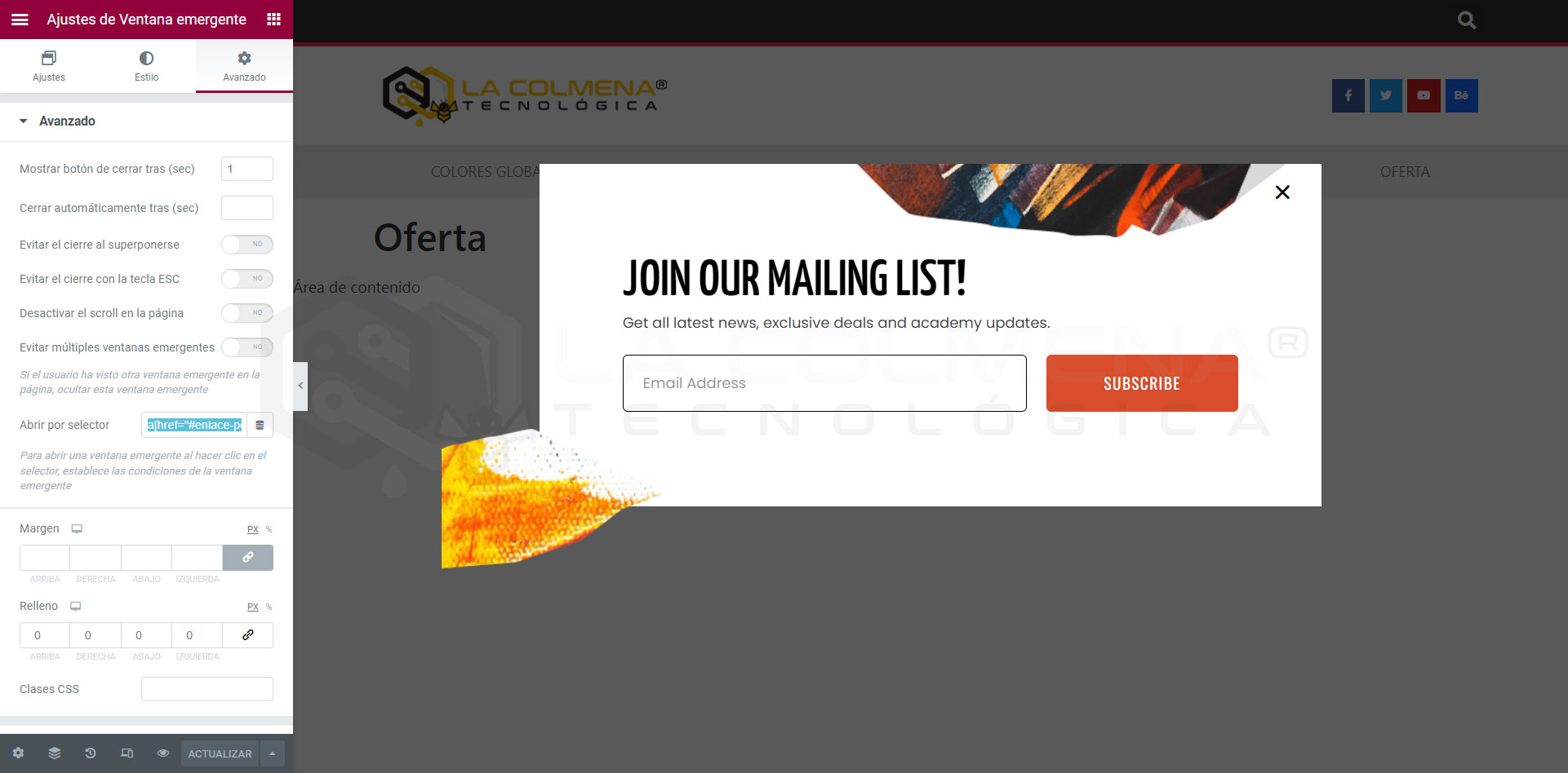 Como abrir un popup de Elementor a traves de un enlace o del menu principal