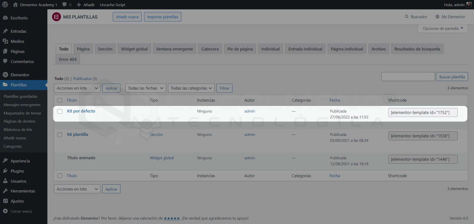 Configuración global con el Kit por defecto de Elementor
