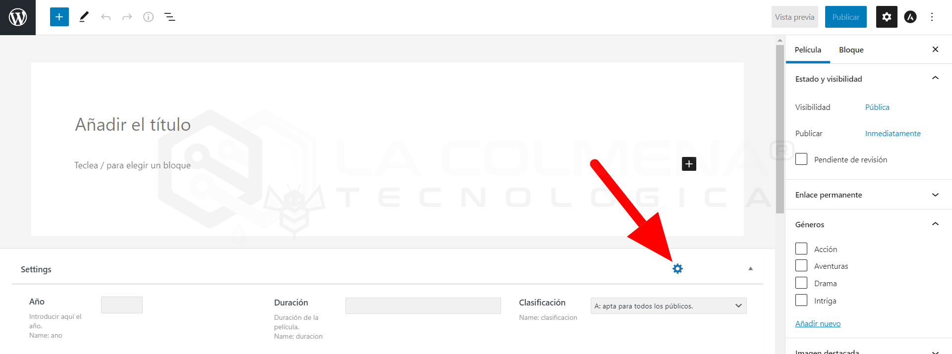 Engranaje con link de acceso a configuración del CPT
