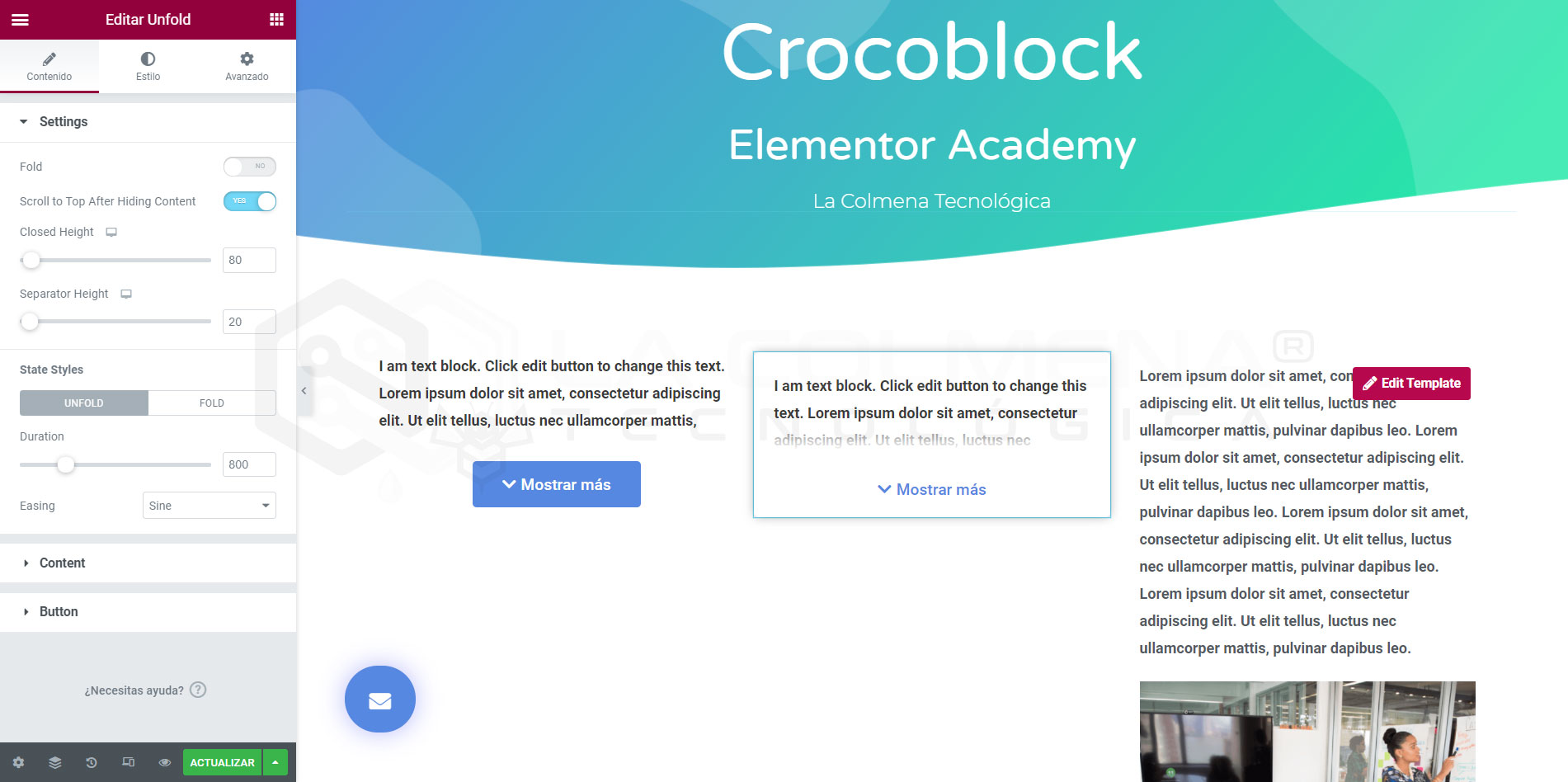 Widget Unfold de JetTricks