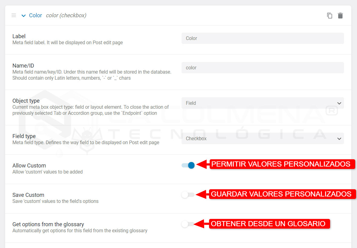 Permitir opciones personalizadas y Obtener del glosario
