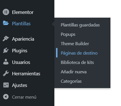 Páginas de destino / Páginas de aterrizaje / Landing pages en Elementor