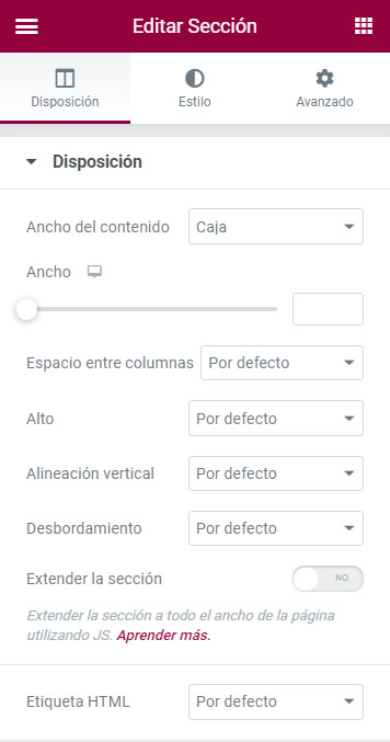 Pestaña Disposición de una sección de Elementor