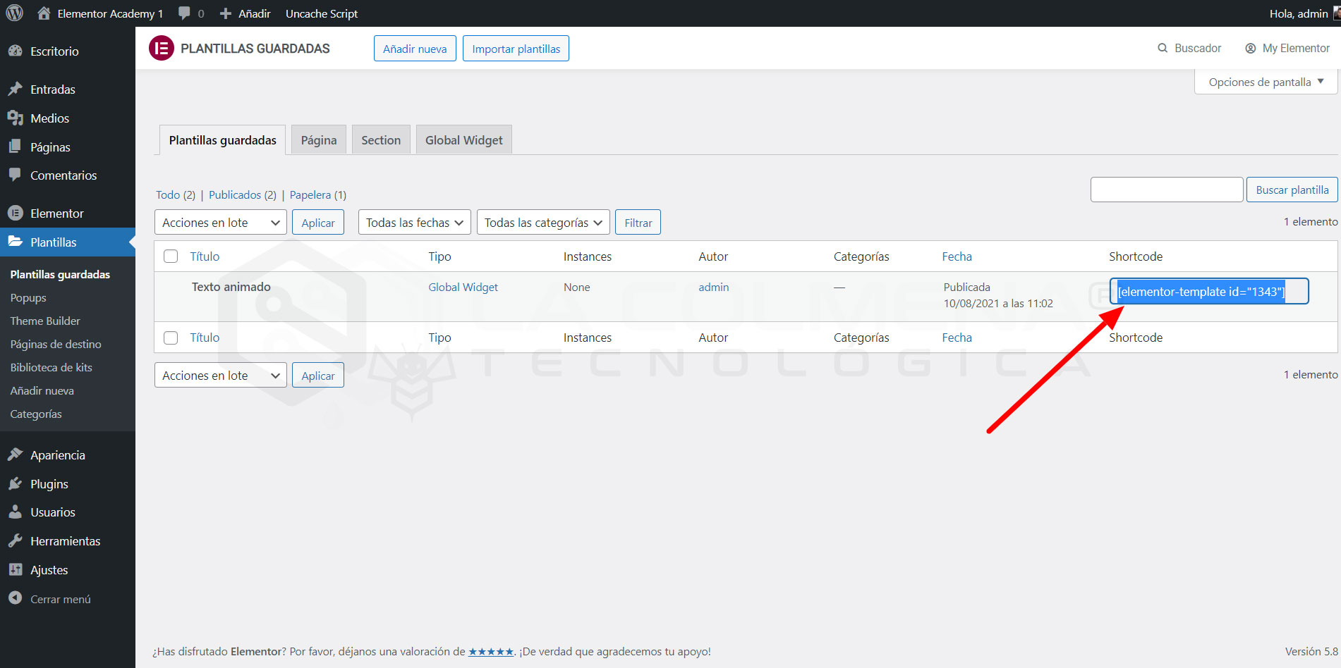 Plantilla global Elementor - Shortcode