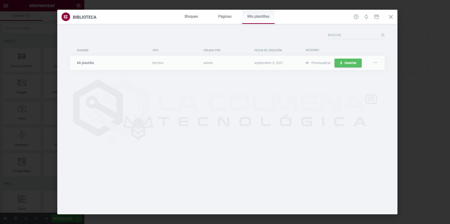 Plantillas de sección de Elementor
